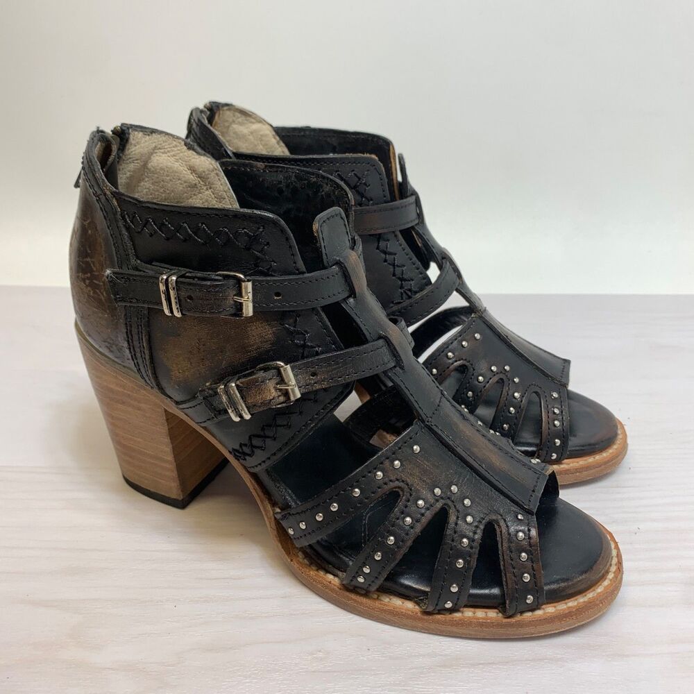 Freebird Womens Sz 8 Leather Boho Strappy Sandals Distressed Black‎ Connor Heels